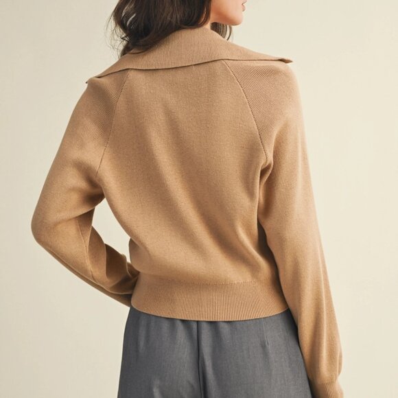 Erika Wide Collar Sweater Cardigan | Women's Tan Button Up Shirt | Beige Neutral - Picture 4 of 10